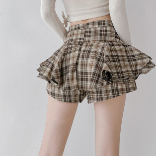 European and American Pure Desire Style Ruffled Short Skirt Plaid 2025 Spring and Summer New High Waist A- Shaped Retro Pant Skirt for Women