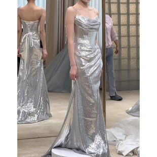 Silver Evening Dress 2024 New Arrival Light Luxury Elegant Celebrity Banquet Dress Bridal Strap Toasting Dress for Women