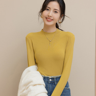 TikTok New Spring and Autumn Half-high Collar Base Shirt Long-sleeved All-match Slim-fit Slimming Solid Color Inner Base Shirt for Women