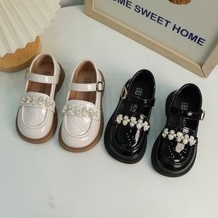 Girls Shoes Exquisite Pearl Small Leather Shoes Fashion Glossy Princess Shoes 2025 Spring and Autumn Girls Shoes