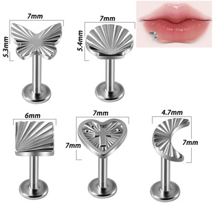 Cross-border multicolor butterfly shell internal thread lip nail moon cross heart-shaped stainless steel ear nail piercing jewelry