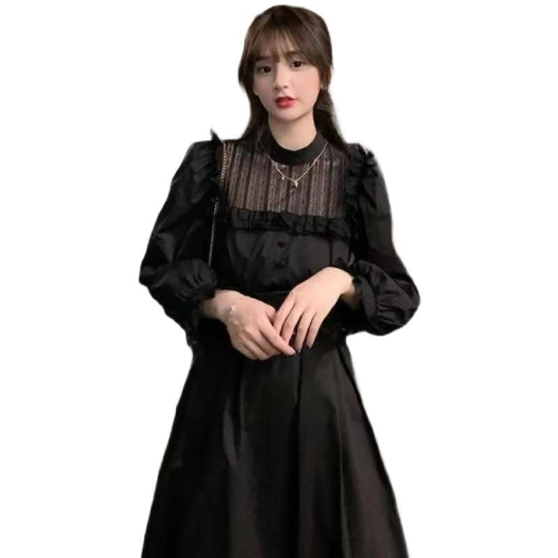Lantern sleeve lace stitching long sleeve dress women's 2024 autumn new Korean slim temperament popular long skirt