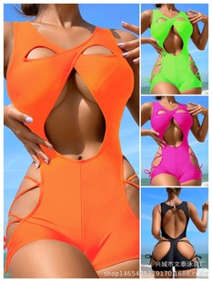 2025 cross-border swimsuit one-piece solid color stitching hollow sexy one-piece bikini strap sexy foreign trade swimsuit