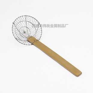 Hand-woven bamboo handle trimming stainless steel fried fence bamboo handle mesh leakage hand-woven fence colander kitchen filter wholesale