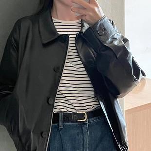 South Korea niche not * ing written comfortable soft waxy stripes sleeve 7 sleeve round neck T-shirt