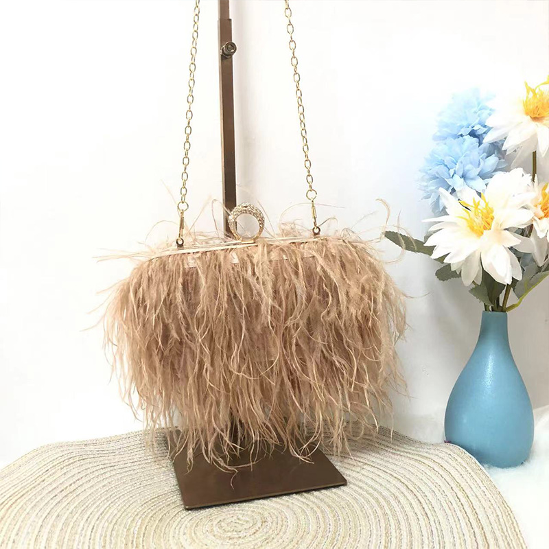 Stylish genuine ostrich feather ring box small square bag chain crossbody shoulder bag velvet black evening bag wholesale clasp chain
