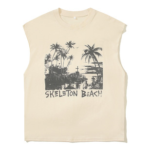 2025 Cross-border Retro vintage Summer Vest Sleeveless T-shirt Loose Coconut Grove Print Men's and Women's Sweat Vest Trendy