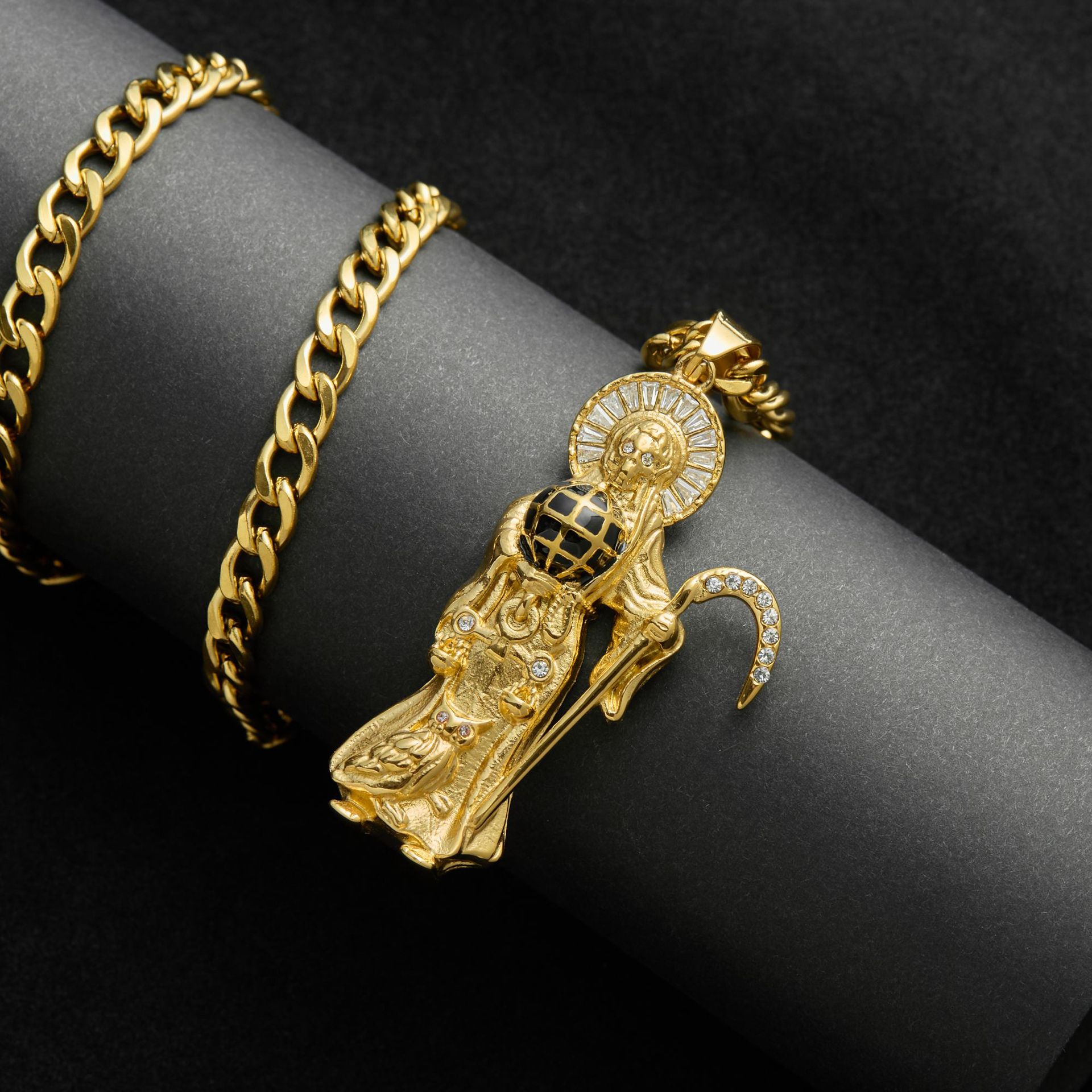 2026 European and American Cross-Border Jewelry Sickle Death Skull Square Diamond Libra Stainless Steel Men's Pendant Dz2069