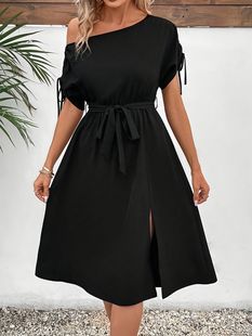 5081 in stock foreign trade goods source spring and summer women's elegant fashion solid color short sleeve dress