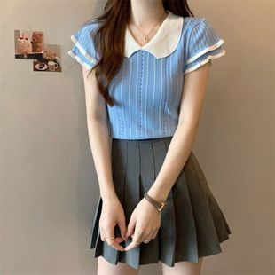 Doll Collar Contrast Color Stitching Short-sleeved T-shirt Women's Summer New Design Sweet High Waist Slim-fit Short Top Ins