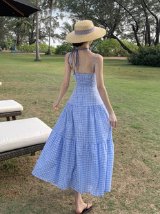 Foreign Trade French First Love Temperament Sweet Plaid Sling dress Seaside Holiday Beach Long Dress with Collar 0285