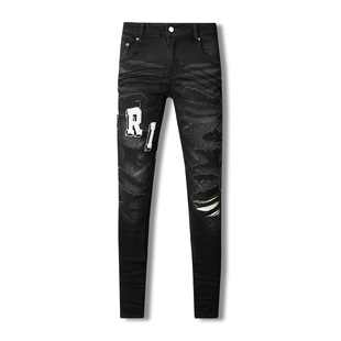 Foreign Trade Cross-border European and American Trendy Brand Street hiphop Fashion Tight Fit Slim Fit Small Foot Ripped Old Jeans