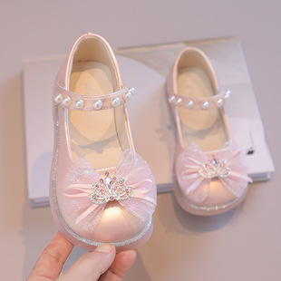 Girls' shoes soft bottom leather shoes 2024 Spring New Princess children princess shoes little girl crystal shoes