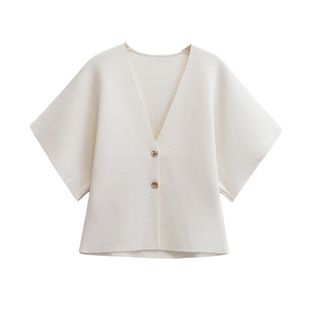Foreign trade list! Autumn New European and American Style Women's Elegant Short-sleeved V-neck Two-button Knitted Top 4192101