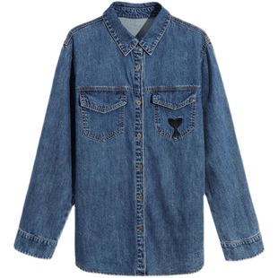 Blue Denim shirt women's design sense Denim long sleeve retro Hong Kong style overwear inner top casual Denim coat