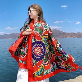 Ethnic style shawl scarf dual-use seaside sun protection beach scarf Red large scarf female desert travel photography summer