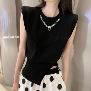 Klein Blue T-shirt Women's Sleeveless Round Neck Chain Vest Summer Shoulder Pad Knitted Shirt Outer Wear Split All-match Top