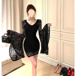 Lace Bell-Sleeved Dress Sexy Hot Girl Black Slim Fit Hip-Hugging Short Skirt
