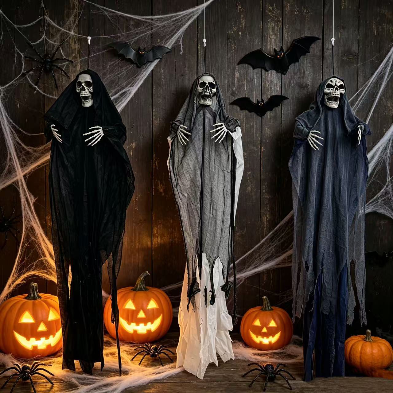 Three-colored skull hanging ghost Halloween decoration, tattered gauze ghost house, secret room horror scene prop