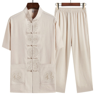 Middle-aged men's cotton and linen shirt short-sleeved suit father's outfit Chinese style suit stand collar father embroidered Tang suit