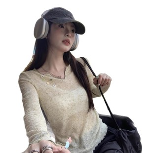 Lazy Style Slightly See-Through Sun Protection Long-Sleeved T-Shirt for Women Summer 2025 New Thin Ice Silk Knitted Air-Conditioning Blouse Top