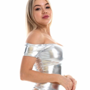 2025 Spring and Summer Women's Patent Leather Top Cross-border E-commerce Street Fashion Bright-faced Slim-fit Short Solid Color Shoulder-exposed T-shirt x