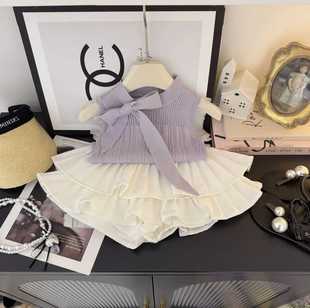 Girls 2025 Summer New Style Western Style Sweet Taro Purple Bow Vest Cake Skirt suit Two-piece Fashionable Set