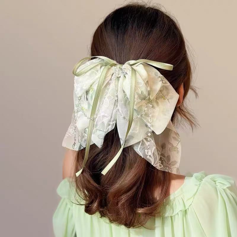 New Chinese Style Printed Bow Pearl Tassel Ribbon Clip Women's High-End Ponytail Clip Half-Tied Hair Shark Clip