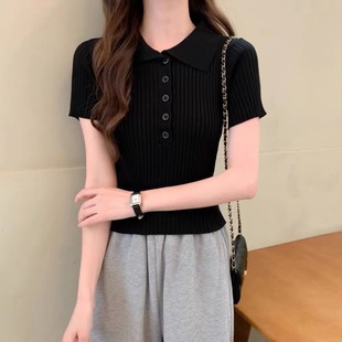 2022 Summer Round Neck Short Sleeve T-Shirt Women polo Ice Silk Knitted Sweater Slim-fit High Waist Short Top Women Fashion Wholesale