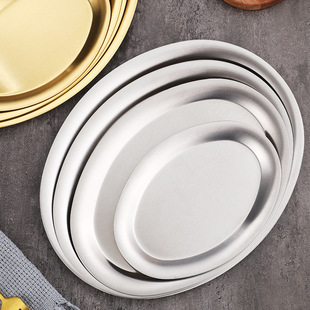 Korean-style 304 Stainless Steel Oval Plate Steamed Fish Plate Golden Tray Barbecue Meat Plate Flat Bottom Snack Plate Western Food Plate