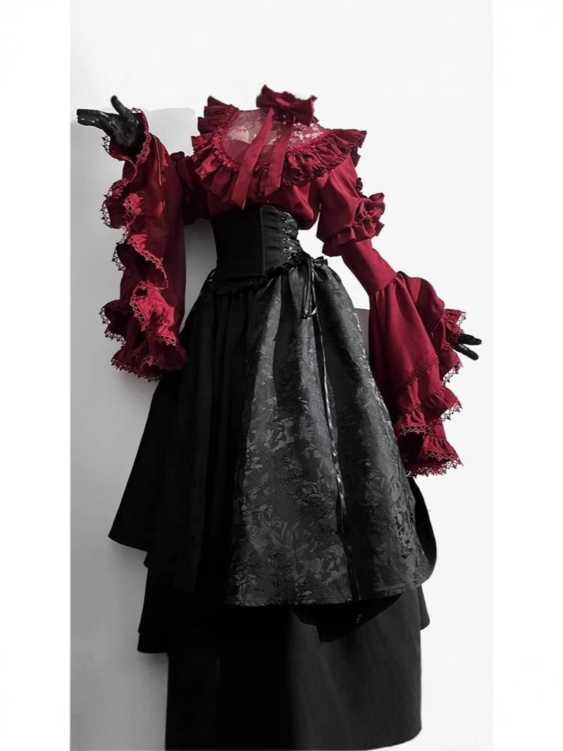 Dark Gothic Style Lolita Shirt Fishbone Skirt Ji-Sleeve Suit Lolita Elegant and Gorgeous Two-Piece Set for Women