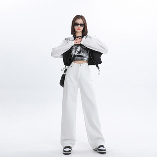 Internet celebrity 2024 Spring and Autumn new white wide leg jeans women's soft high waist loose straight design mop pants