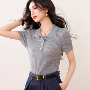 G1042 Tmall Brand Grey Lapel Cyber Celebratory Top Women's Summer Thin Stretch Slim-Fit Short Knitted Short Sleeve