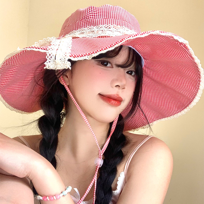 Plaid Lace Bow Fisherman Hat Women's Spring and Summer Anti-UV Sunshade Hat Big Brim Sun Hat