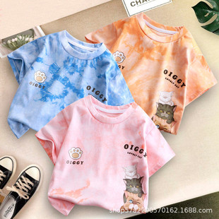 Summer Children's Cotton Short-sleeved Korean-style Cotton Tie-dyeing Cartoon Fashion Flower T-shirt for Boys and Girls Summer Style