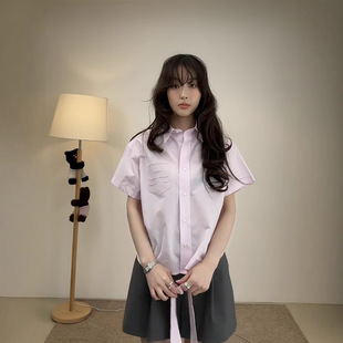 25 Summer New South Korea Niche Elegant Lapel Pocket Embroidered Short Sleeve Shirt Tie Top Women's Shirt