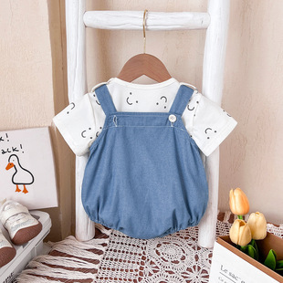 Baby Summer suit Newborn Clothes Cute Boys and Girls Baby Short-sleeved Denim Bag Fat Clothes Cute Two-piece Thin Set