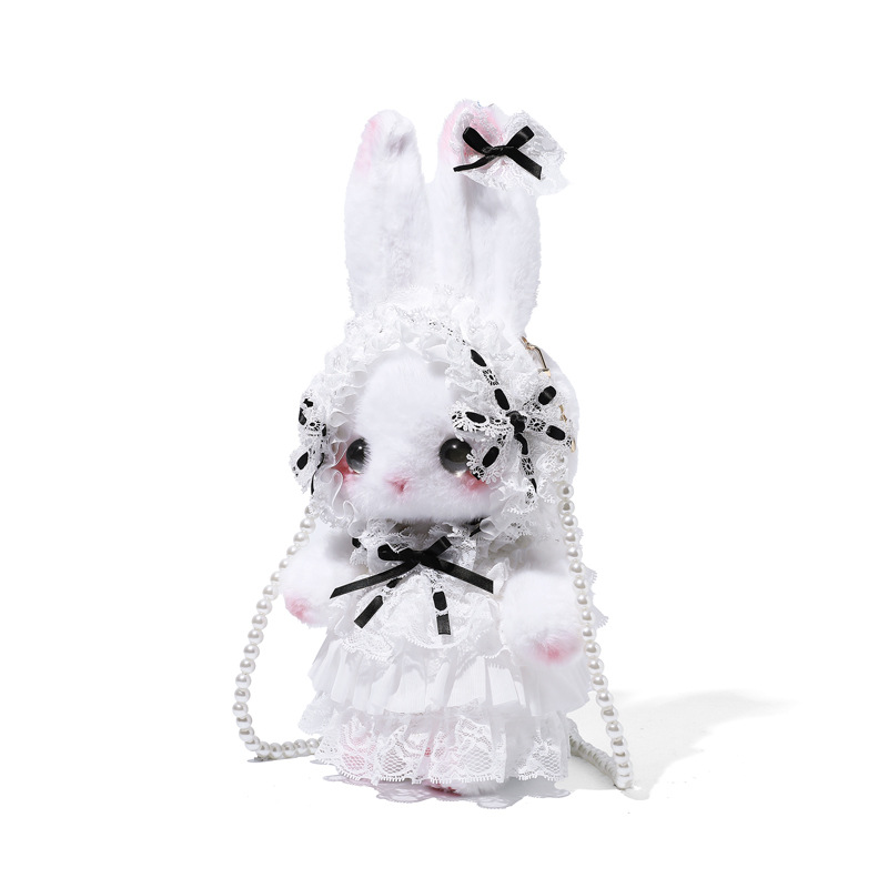 New Macaron-themed, high-value, cute bunny crossbody bag with pearl chain, lace, Lolita style, and doll-shaped backpack.