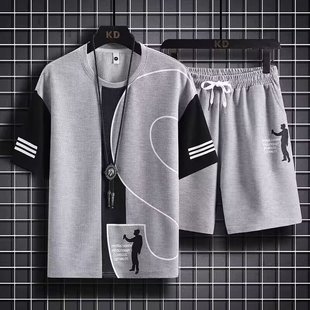 2023 Hong Kong style summer Korean style sports suit boys loose T-shirt student short sleeve simple cropped pants