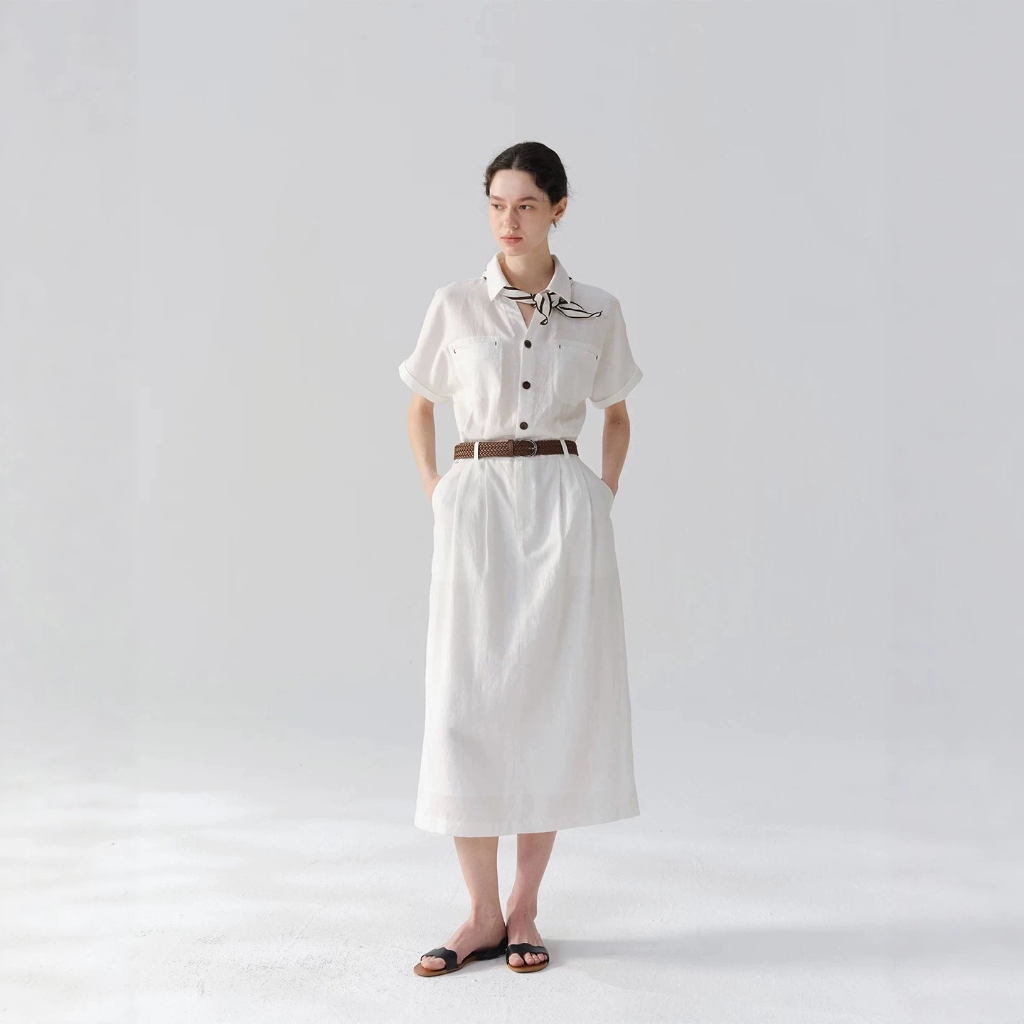 Chalamon Lyocell Linen V-Neck Workwear Style Short Sleeve Shirt Dress Women's Summer Waist-Cinching Dress
