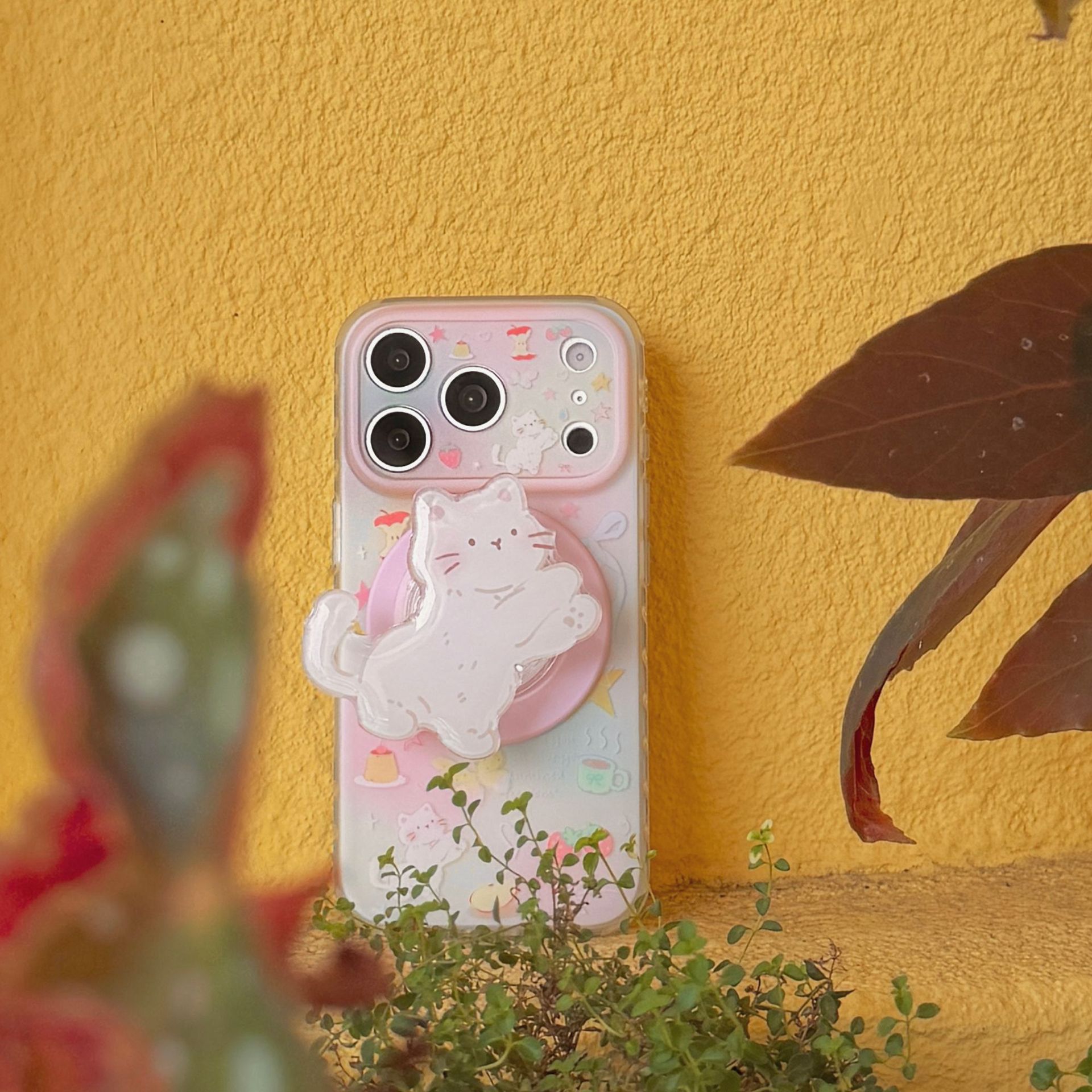 Illustration-printed frosted kitten magnetic phone case for iPhone 17 Pro Max, iPhone 16 Pro Max, 15/14