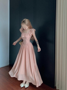 Summer 2024 New Ruffled Sleeveless Pink Dress Women's Sweet Flying Sleeve Square Collar Long dress