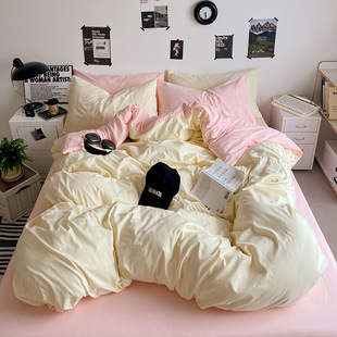 2025 new ins style wash cotton solid color double-piece bed sheet quilt cover pillowcase bedding dormitory four-piece set