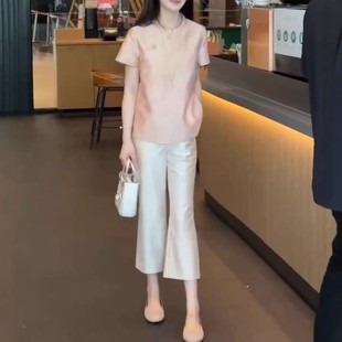 25536 Big Aimei Yiyuan 2025 Summer New Pink Chinese Style National Style Loose Top High Waist Straight Pants for Women