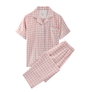 Домашняя одежда из хлопка с двумя слоями пряжи Muji в японском стиле, мужская и женская пижама с короткими рукавами для пар, повседневный костюм в клетку из хлопка