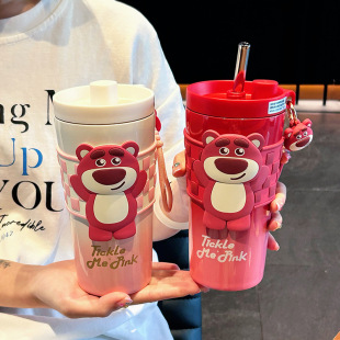 New strawberry bear children's thermos cup 316 stainless steel female water cup high color value cartoon portable car straw cup