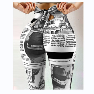 Wish Women's Spring and Summer Multicolor Printed Hip-lift Wrinkle Slim-fit High Waist High Stretch Bow Yoga Pants CM607