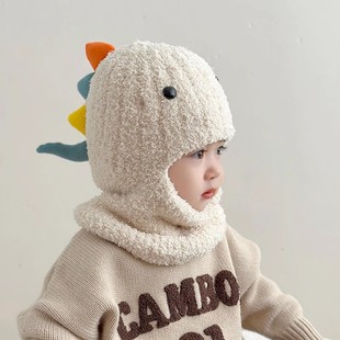 Baby Hat and Neck Scarf Integrated Autumn and Winter Dinosaur Baby Plush Windproof One-Piece Hat for Boys and Girls Ear Protection Neck Cover