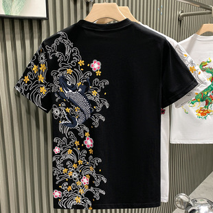 Fashionable Brand 2024 New European Goods Chinese STyle Carp ShorT-sleeved T-shirT Men's Summer New Trendyy Men's T-shirT Top