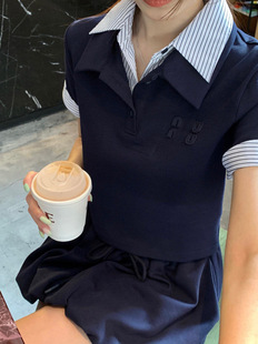 Miu Same Contrast Color Skirt suit Women's Casual Striped Collar Fake Two-piece Polo Shirt Top Flower Bub Skirt Two-piece Set